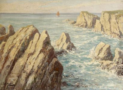 Emile GAUFFRIAUD (1877-1957) Les roches Huile sur toile. Signée en bas à gauche....
