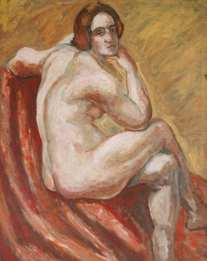 Pierre GIRIEUD (1876-1948) Jeune femme les bras croisés. Huile sur papier marouflée...