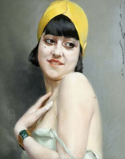Jean-Albert GRAND-CARTERET (1903-1954) Portrait de femme Gouache sur papier. Signée...