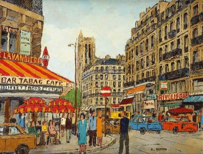 Roland HAMON (1909 - 1987) Rue de Rivoli Huile sur toile. Signée en bas vers la droite....