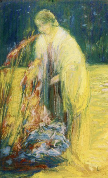 L. HOUDOIN Jeune femme cueillant des fleurs, 1908 Pastel. Signé et daté en bas à...