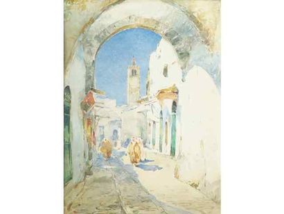 Marius HUBERT-ROBERT (1885-?) Rue animée en Afrique du Nord Aquarelle. Signée en...