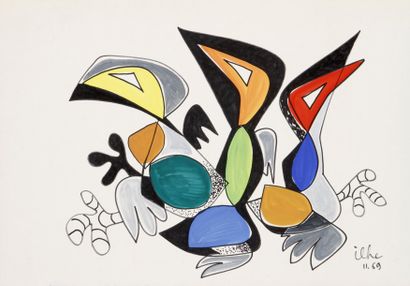 Henry ILHE (1925-1982) Les oiseaux, 1969 Gouache et feutre. Signée et datée en bas...