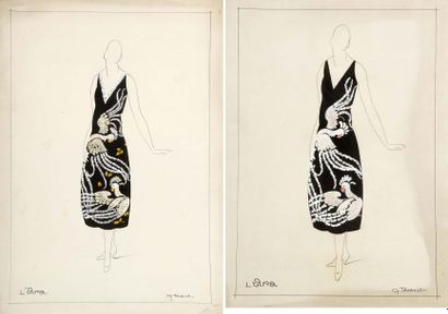 Georges-Henri TRIBOUT (1884-1962) L'Acra, deux modèles de robe Gouaches sur papier....