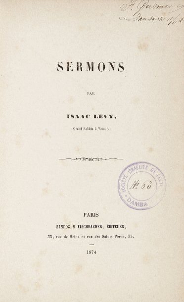 LEVY I. - Sermons. Paris, Sandoz et Fischbacher, 1874, un vol. in-8° rel. mod. demi-toile...