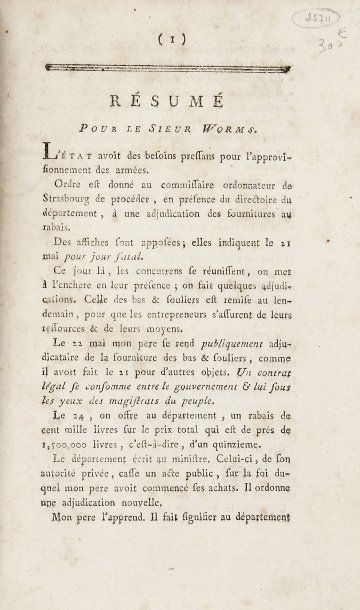 null RÉVOLUTION - Résumé pour le sieur Worms. Paris, Demonville, 1792, 4 pp. in-12....