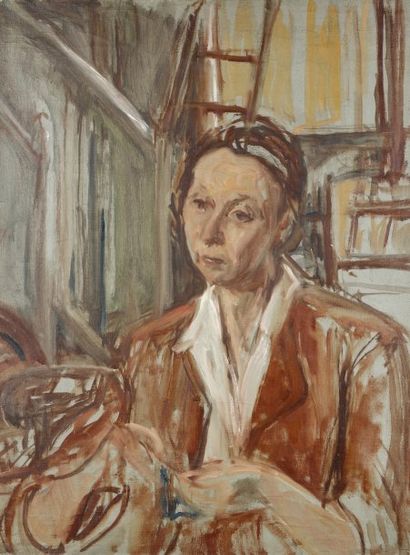 Isaac DOBRINSKY (1891-1973) La tricoteuse Huile sur toile titrée au dos par Madame...