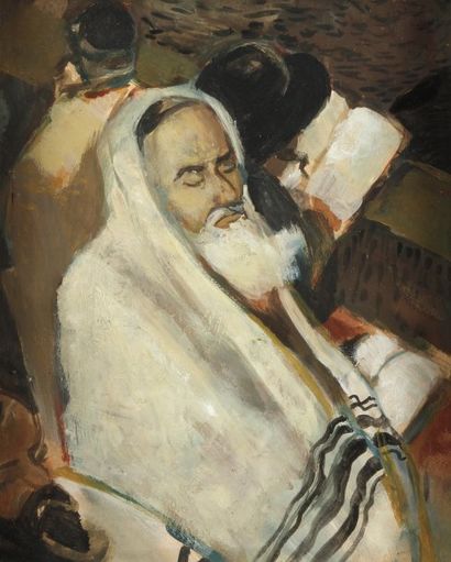 Amos IMRE Juifs en prières Huile sur carton, signée en haut et à droite (peut-être...
