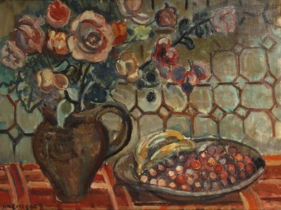 Pinchus KREMEGNE (1890-1981) Nature morte au vase et à la coupe Huile sur toile,...