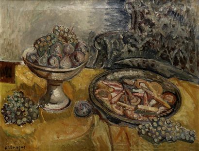 Pinchus KREMEGNE (1890-1981) Nature morte à la coupe de figues et de raisins et au...