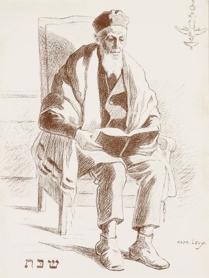 Alphonse LEVY (1843-1918) Shabbat (Le Lamden) Lithographie originale tirée en bistre,...