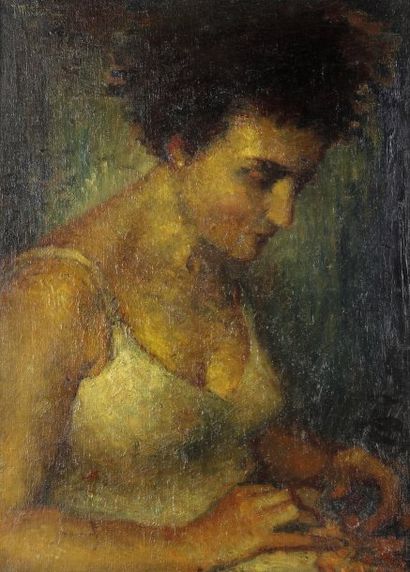 Jozef MITLER (1900-?) Femme assise cousant Huile sur toile, signée en haut à gauche...