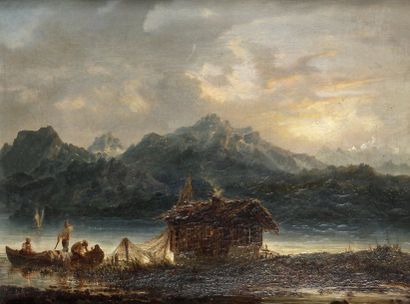 Benjamin NETTER (1811-1881) Paysage lacustre (Suisse ?) Huile sur toile (non décadrée,...