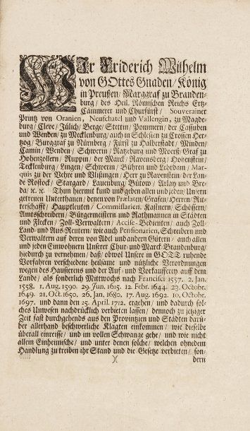 null ALLEMAGNE - Edit de Frédéric - Guillaume, roi de Prusse, du 24 août 1713, concernant...