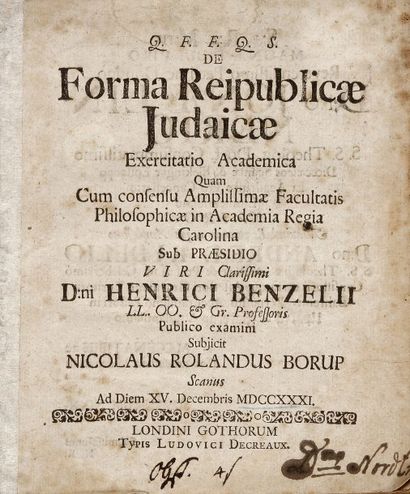 BORUP N. R. - De Forma Reipublicae Judaïcae. Exercitatio Academica. Lund, Decreaux,...