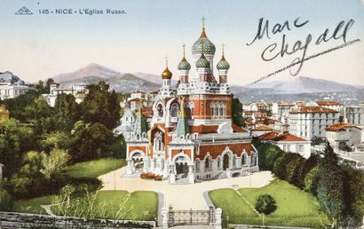 CHAGALL Marc - Carte postale (Église russe de Nice) portant sa signature autographe...