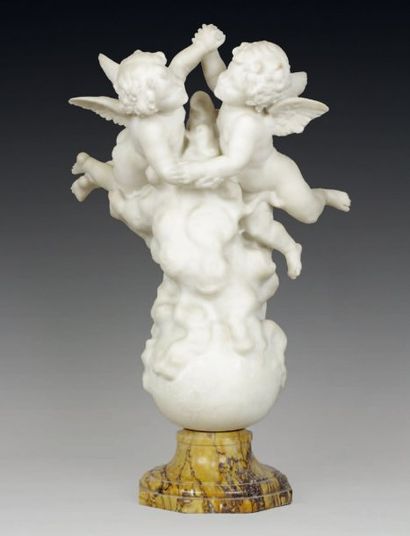 E. BRUNELLESCHI Groupe en marbre représentant deux anges ailés dansant sur les nuées...
