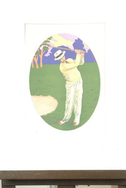 null ANONYME. "Golfeur en fin de swing". Gravure en couleurs à vue ovale. 50 x 35...