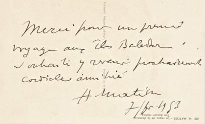 Henri MATISSE Lettre autographe signée à Jacques Prévert, 7 février 1953 ; 1 page...