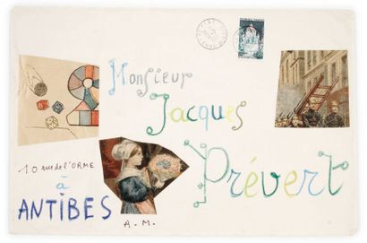 Max PAPART Enveloppe calligraphiée aux crayons de couleur avec collages, [St Piat...