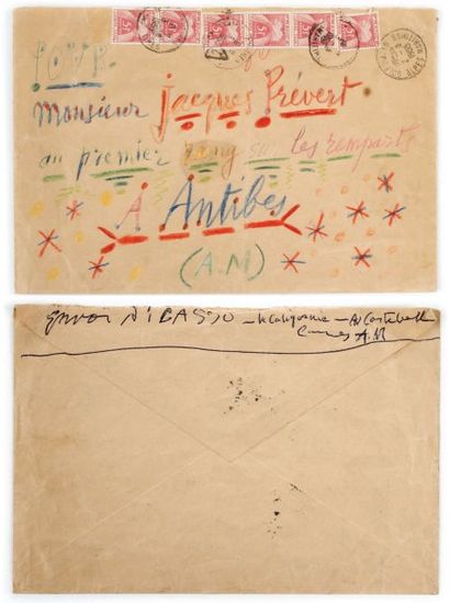 Pablo PICASSO ENVELOPPE DESSINÉE aux crayons de couleur, [Cannes 2 août 1955] ; 15,5...