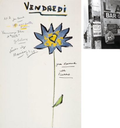 Jacques PRÉVERT Vendredi. Dessin original et notes autographes ; 44,5 x 28 cm. Éphéméride...