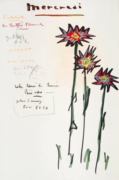 Jacques PRÉVERT Mercredi. Dessin original et notes autographes ; 43 x 27,5 cm. Éphéméride...