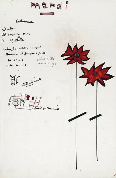 Jacques PRÉVERT Mardi. Dessin original et notes autographes ; 43 x 27,5 cm. Éphéméride...