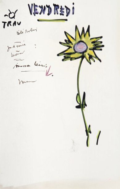 Jacques PRÉVERT Vendredi. Dessin original et notes autographes ; 44,5 x 28 cm. Éphéméride...