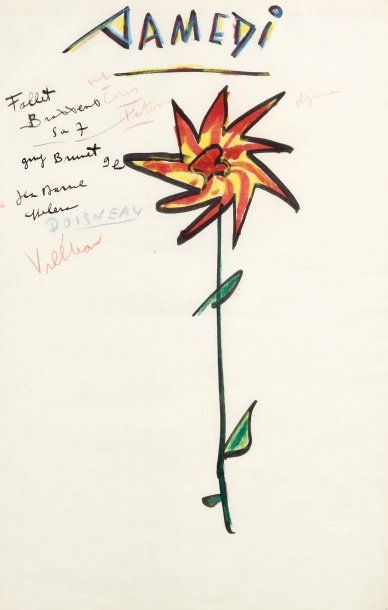 Jacques PRÉVERT Samedi. Dessin original et notes autographes ; 44 x 28 cm (encadré)....
