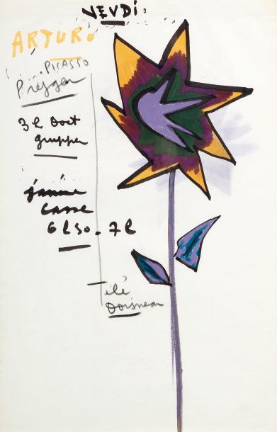 Jacques PRÉVERT Jeudi. Dessin original et notes autographes ; 42 x 27 cm (encadré)....
