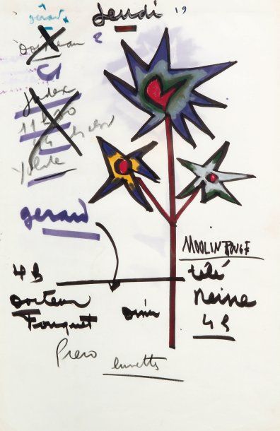 Jacques PRÉVERT Jeudi 19. Dessin original et notes autographes ; 42 x 27 cm (encadré)....