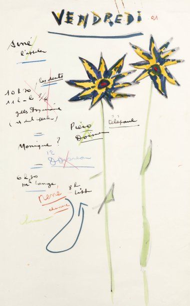 Jacques PRÉVERT Vendredi 21. Dessin original et notes autographes ; 44,5 x 27,5 cm...