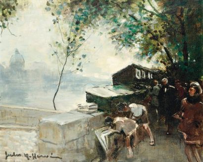 Jules-René HERVÉ (1887-1981) Bouquinistes sur les quais. Huile sur toile. Signée...