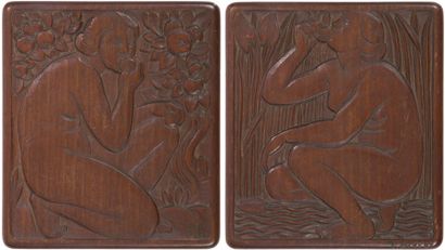 null Lucien GIBERT (1904-1988) - E. B. 
Ève
Deux panneaux sculptés formant pendants....