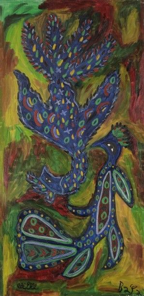 null BAYA [algérienne] (1931-1998)
Deux oiseaux, 1991
Acrylique sur toile.
Signée...