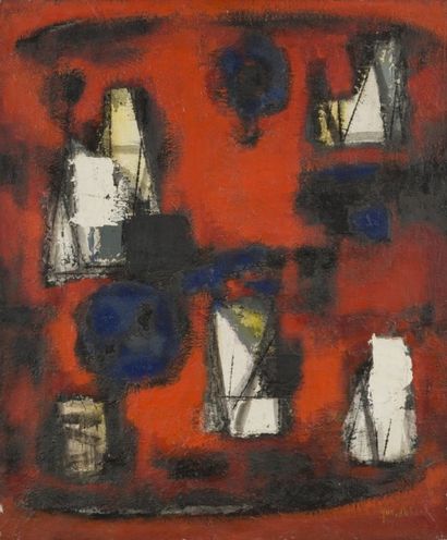 null Jun DOBASHI [japonais] (1910-1975)
Composition, vers 1956
Huile sur toile.
Signée...