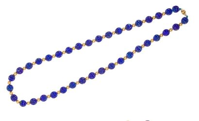 null Collier de boules côtelées de lapis-lazuli scandées de billes d’or jaune 18K...