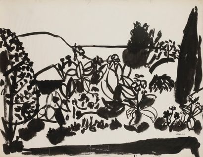 null Liliane KLAPISCH (née en 1933)
Jardin
Dessin à l’encre.
Signé en bas à droite.
(Déchirures).
48...