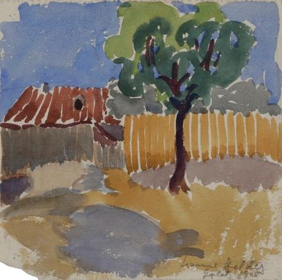 null Jeanne COPPEL (1896-1971)
Paysage à la palissade, 1925
Gouache.
Signée (de son...