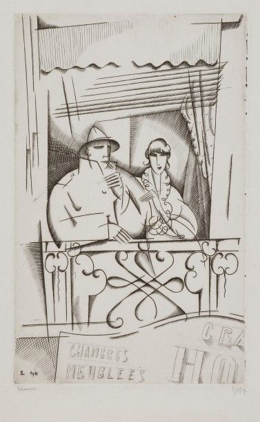 Jean-Emile LABOUREUR (1877-1943) Au balcon (l’artiste et sa femme). 1918. Burin....