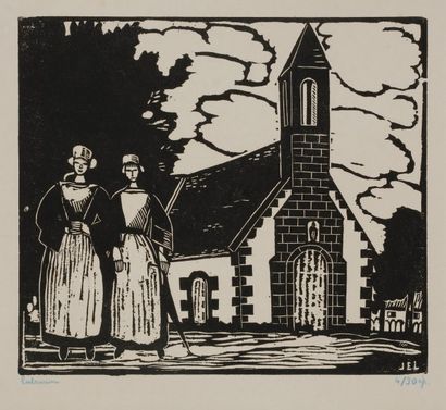 Jean-Emile LABOUREUR (1877-1943) Chapelle bretonne. 1923. Bois gravé. 248 x 216....