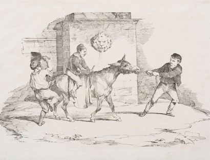 null Théodore GÉRICAULT 
 Trois enfants jouant avec un âne. 1820. Lithographie à...