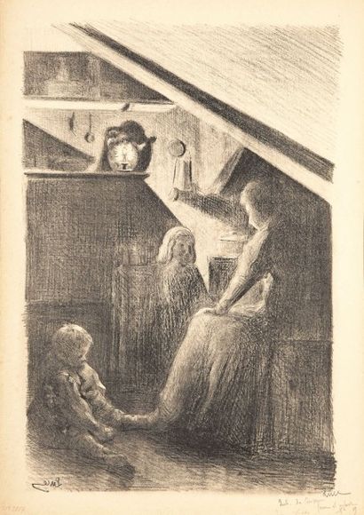 Maximilien Luce (1858-1941) Intérieur de cuisine (Femme et deux enfants). Vers 1900....