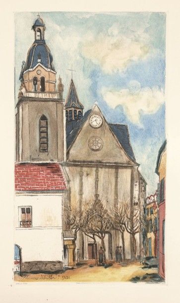 Maurice Utrillo (1883-1955) (d’après) L’Église de Limours. 1927-1928. Aquatinte par...