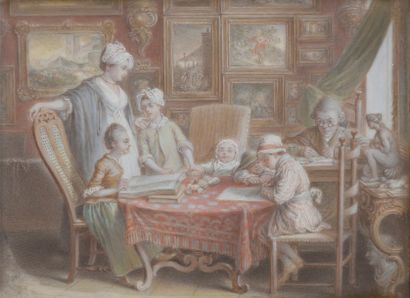 null École du XIXe siècle
L’artiste en famille, scène à 7 personnages dans deux en...