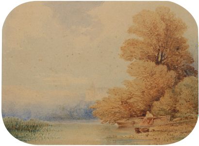 null Jean-Baptiste Louis HUBERT (Paris 1801 - ?)
Paysage à la barque - La Chaumière
Deux...