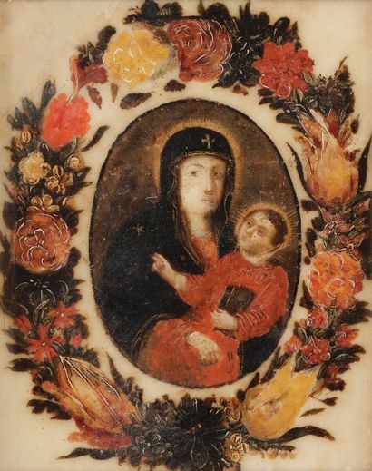 null École FLAMANDE vers 1650
Vierge à l’Enfant dans une guirlande de fleurs
Marbre...