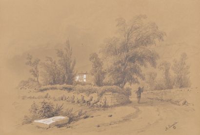 null Auguste EMERIC (1822 - ?)
Promeneur dans un paysage
Crayon noir et estompe,...