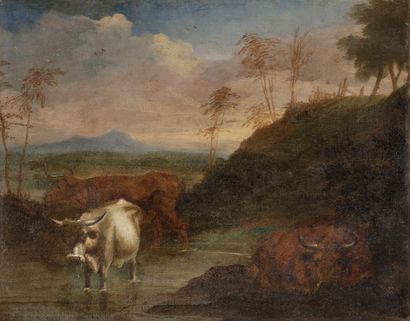 null Dans le gout de Nicolaes BERCHEM
Vaches dans un paysage
Toile 
38 x 46 cm
Restaurations...